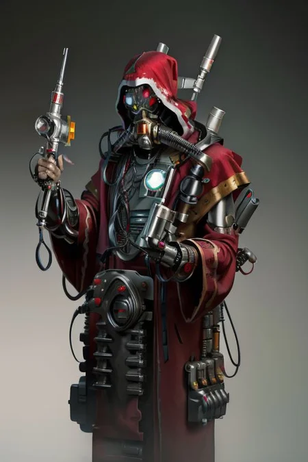 ((masterpiece,best quality)), absurdres, mechanical arms, robes, hood, ((techpriest)), cyborg, mechanical face, (cyber_tech ) mechanical limbs, gas mask, red robe, 1other, solo,