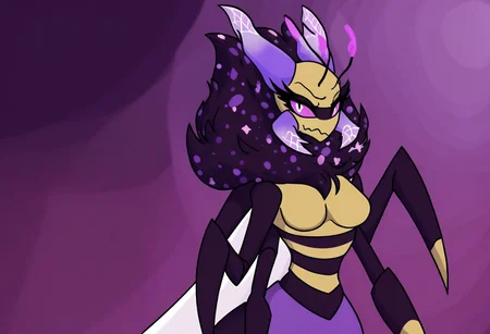 hivemine_(retrospecter), arthropod girl, absurd_res, hi_res, antennae_(anatomy), arthropod girl, bee, bee girl, arthropod abdomen, anthro, 4 arms, mandibles, hivemore form, ((castle background)), dress, purple dress, looking at viewer, light purple eyes, serious, serious expression, (wavy mouth), featureless breasts, csr style