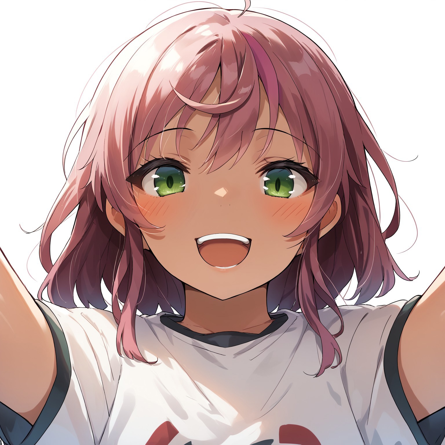 score_9, score_8_up, score_7_up, source_anime, uit-24 (kancolle), shirt, POV, looking at viewer, blush, smile, open mouth, upper teeth only, sunset
