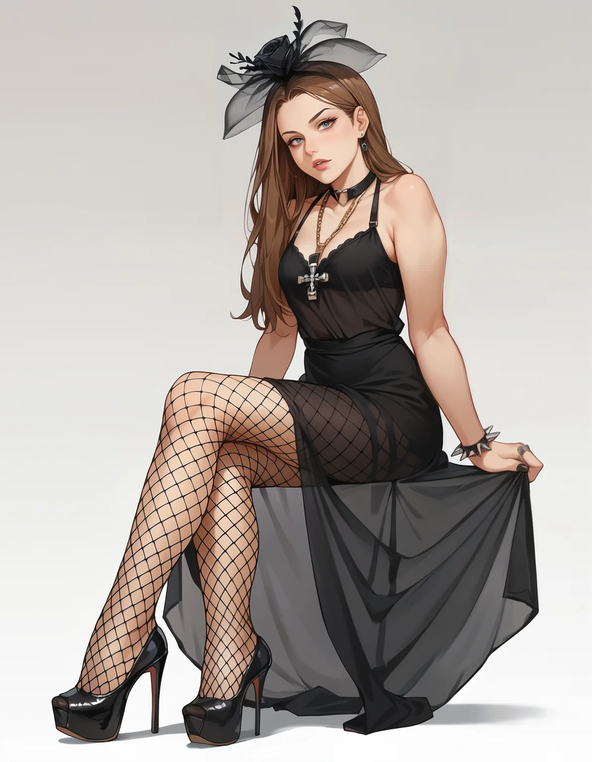 score_9,score_8_up,score_7_up,score_6_up,1girl,solo,simple background,upper body,portrait,jewelry,fishnet pantyhose,long hair,brown hair,spiked bracelet,goth fashion,bra,black nails,see-through,watson cross necklace,black dress,looking at viewer,black lips,ring,black flower headwear,black high heels,black platform footwear, <lora:MyTrainings\Temp\Goth_Dress_Fishnets_Cross_XL_Pony_ARZUMATA.safetensors:0.9>