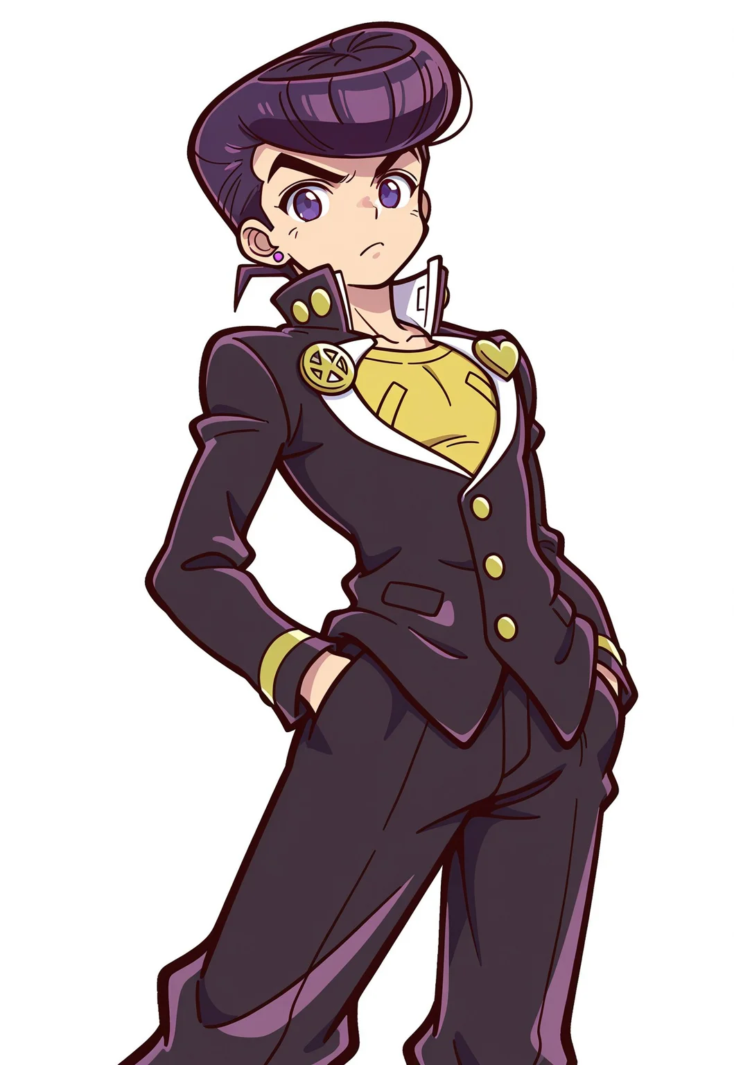 <lora:puyopuyostyle:0.5>,solo,looking at viewer,masterpiece,best quality,amazing quality,very aesthetic,dutch angle,absurdres,intricate details,dynamic viewing angle,accurate body proportions,newest,original,illustration,anime coloring
1boy,fair skin,higashikata_josuke,jojo_no_kimyou_na_bouken,(Purple Eyes),"pompadour haircut,dark_purple_hair,pompadour,short hair",v-shaped eyebrows,thick eyebrows,purple stud earrings,"school uniform,high collar,popped collar,black jacket,black_gakuran,gakuran_ornaments,long sleeves,wide-legged pants,saggy pants,gold buttons",yellow shirt,hands_in_pockets,simple background,white background,