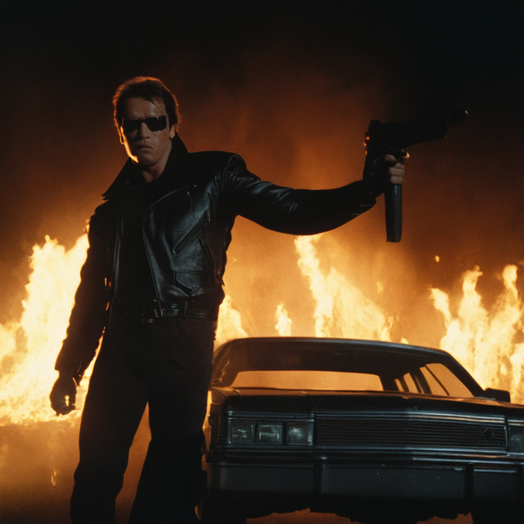 cinematic film still of  <lora:Terminator style:0.8>
In the 1980's Terminator a man with his body covered in fire is jumping over a car on fire,1boy,holding,weapon,holding weapon,gun,ground vehicle,holding gun,motor vehicle,car , horror themed, dark themed, low key light, dramatic light, dramatic shadow light, contrast, cinematic color, cinematic look, filmic, realistic, realism, perfection, perfect, Kodak, Kodak film, movie still, Terminator style, The Terminator 1984 Film style, shallow depth of field, vignette, highly detailed, high budget, bokeh, cinemascope, moody, epic, gorgeous, film grain, grainy