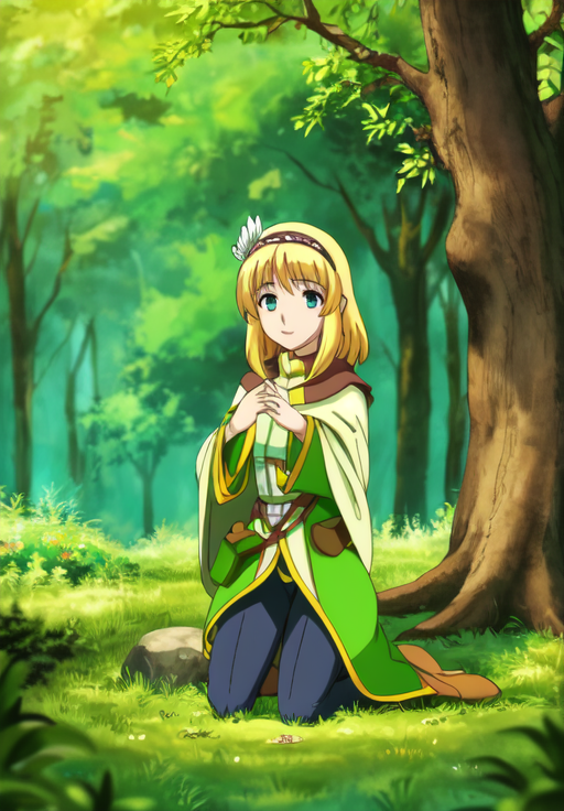 <lora:leadale-Cayna_1:0.8>, leadale-Cayna, forest, gathering herbs, kneeling