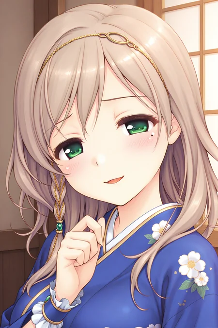 masterpiece, best quality, absurdres, official art, official style, rating general BREAK <lora:sarashinamutsumi_IL_v1-1:0.7>, sarashina mutsumi, 1girl, solo, green eyes, mole under eye, light brown hair, long hair, single braid, side braid, hair between eyes, swept bangs, head chain, gold trim, hair tubes, green gem, hair over shoulder, large breasts, medium breasts, japanese clothes, blue kimono, short kimono, print kimono, floral print, long sleeves, wide sleeves, wrist cuffs, close-up, portrait, upper body, indoors,
blush, bitter smile, looking at viewer, open mouth, parted lips