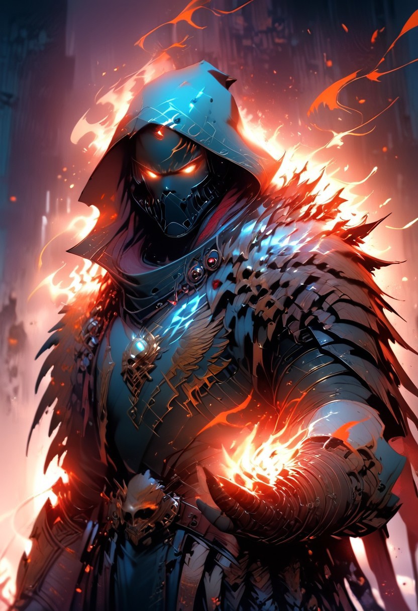 score_9, score_8_up, score_7_up, score_6_up, score_5_up, score_4_up, 
1man in a hood holding glowing lights and wearing a jacket, glowing, mask, gloves, glowing eyes, jewelry,  armor pauldron, flames in hands, Arcane, 40k style,