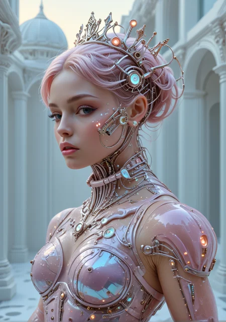midjourneyv6.1, muscle_bimbo, score_9, score_8, score_7, The image is a high-resolution upper body portrait of a pastel sci-fi wired-cyborg Rococo cyborg princess, her face adorned with intricate, metallic filigree that seamlessly merges with her soft, porcelain-like skin. The background is a dreamscape of pastel hues—soft lavenders, powder blues, and pale pinks—evoking a surreal, futuristic elegance. Her hairstyle is a gravity-defying masterpiece, a pastel-pink bouffant interwoven with shimmering, metallic strands and glowing circuits that pulse faintly. She wears an ornate, futuristic crown with filigree patterns that mimic the intricate designs of Rococo art but are composed of sleek, chrome-like materials. Her outfit is a fusion of flowing Rococo gowns and high-tech cybernetic elements: a corset of translucent material that glows faintly, combined with metallic ruffles and programmable, color-shifting fabric that moves as if alive. The neckline is daring, with circuits and glowing accents emphasizing her regal, yet futuristic, aesthetic. Her hand, partly visible, is a sleek cybernetic masterpiece holding a delicate scepter, its translucent tip radiating a soft, pastel glow. Behind her, floating orbs and architectural shapes inspired by Rococo swirls hover, creating a sense of depth and whimsy. The composition is a harmonious blend of sharp, pop-art lines and soft, painterly pastels. The entire scene feels both retro-futuristic and timeless, capturing the fusion of elegance and technology in this spacetime princess.<lora:lora\aidmaMidjourneyV6.1-v0.1.safetensors:0.8:0.8><lora:lora\Muscle_Bimbo_SDXL.safetensors:1.0:1.0><lora:lora\Derelict_Faces_e31.safetensors:0.8:0.8>