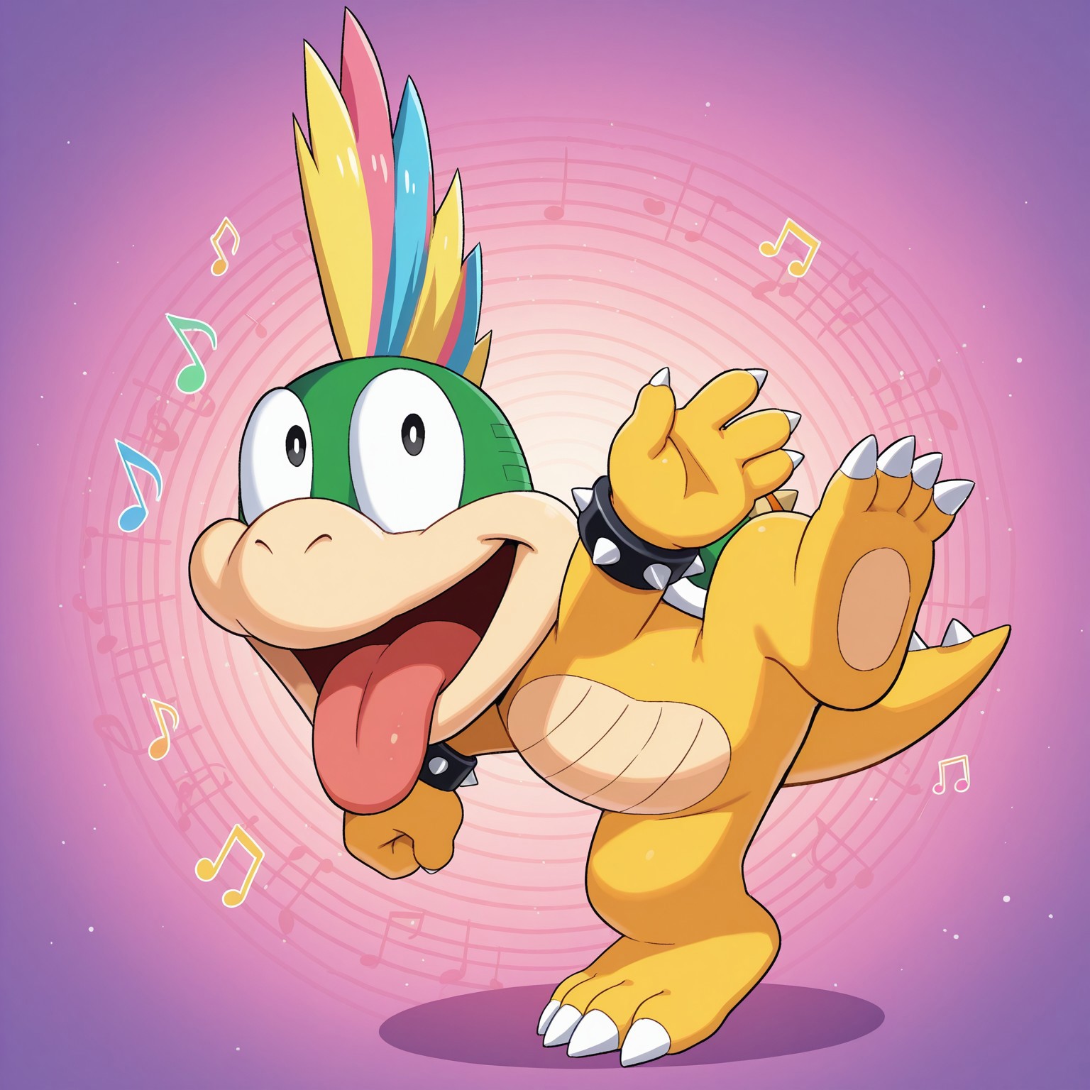 Lemmy, solo, 2D, 1boy, male, mohawk, blue hair, yellow hair, pink hair, multicolored hair, yellow ponytail, black pupils, shelled, orange spiked shell, tail, spiked bracelets, scalie, yellow skin, green head, claws, toe claws, 3 toes, orange bars marking on head

BREAK standing on one foot, dancing, musical notes, happy, open mouth smile, tongue out, silly background

BREAK best quality, amazing quality, very aesthetic, absurdres, newest, masterpiece 