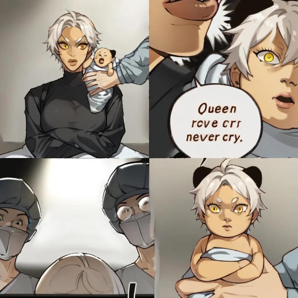 score_9_up, score_8_up, score_7_up,
mikus-concept, crying, seriousness, lying, 2people, BREAK, child, Text "Queen never cry", surprise, close-up, BREAK, 2people, shock, doctors, BREAK, child, seriousness, looking at viewer, BREAK, comic, mikus, (white hair, dark yellow eyes, yellow fur, dotted eyebrows, small eyebrows, white eyebrows, tail tip black, black ears, mouth mark), (black sweater, gray shorts)