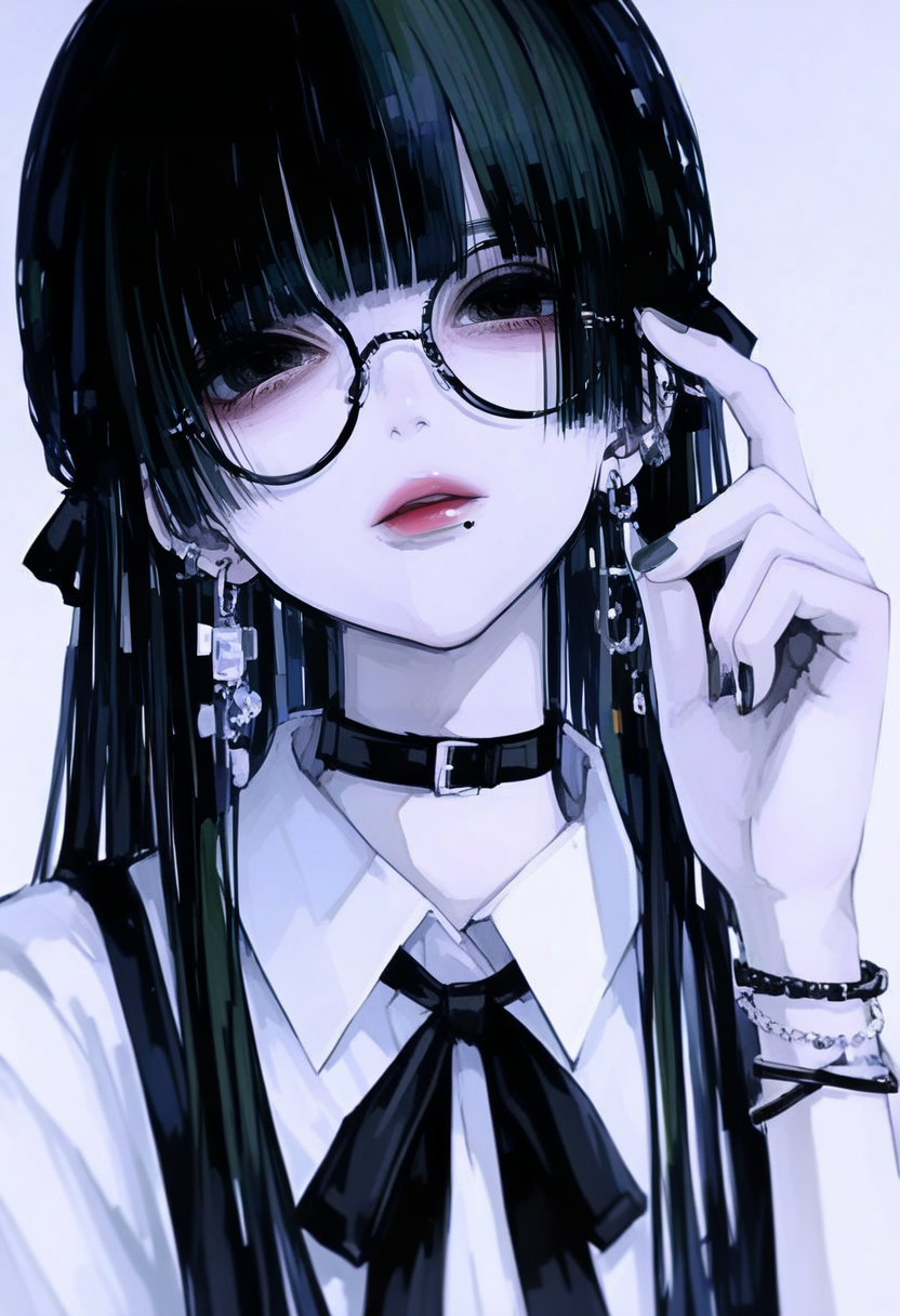 1girl, solo, jewelry, glasses, earrings, long hair, bangs, black hair, black eyes, looking at viewer, shirt, choker, simple background, white shirt, mole, collared shirt, mole under mouth, collar, parted lips, hand up, ribbon, bracelet, piercing, portrait, nail polish, blunt bangs, round eyewear, upper body, black ribbon, black choker <lora:748cmXL_NBVP1_lokr_V6311PZ:0.95>
