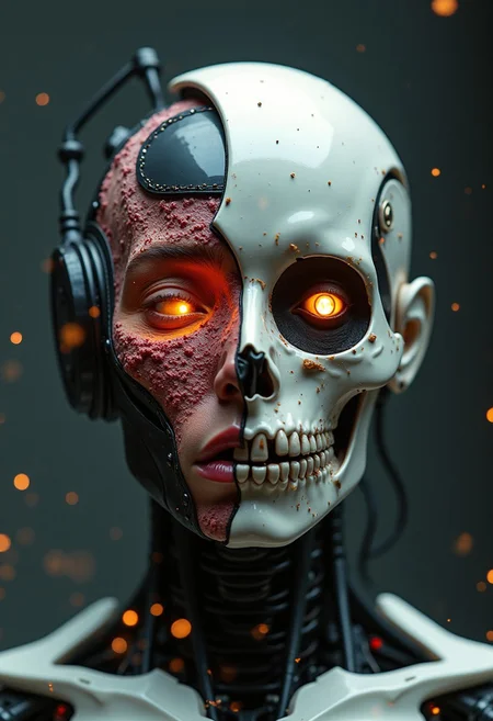 cyborg ultra high resolution, high definition, amazing quality, cyborg, cyberpunk, intricate flesh details with fires in face, robotic, looking at viewer, skeleton jaw, one robotic eye the other human, half human face, half of face a regular human face with lips and eyes, the other a skull cyborg