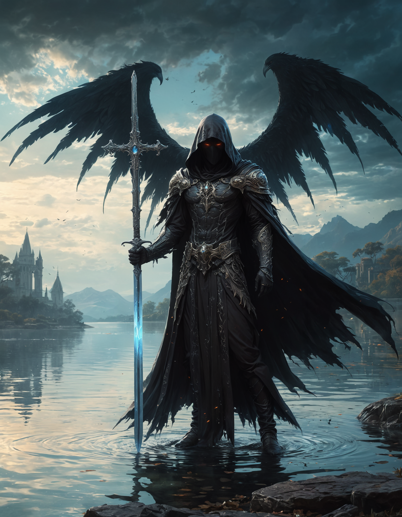 a male ghost character with a giant sword standing in front of a body of water, gothic grunge anime style, concept art, fantasy art, expressive sketch, villain, has black angel wings, dark ornate royal robes, limited palette, NPC with a saint\'s halo, detailed fantasy character study, Luis Ricardo Falero, highly detailed character design, cloak, hooded, evil, glowing eyes extremely high details, style of Marc Simonetti