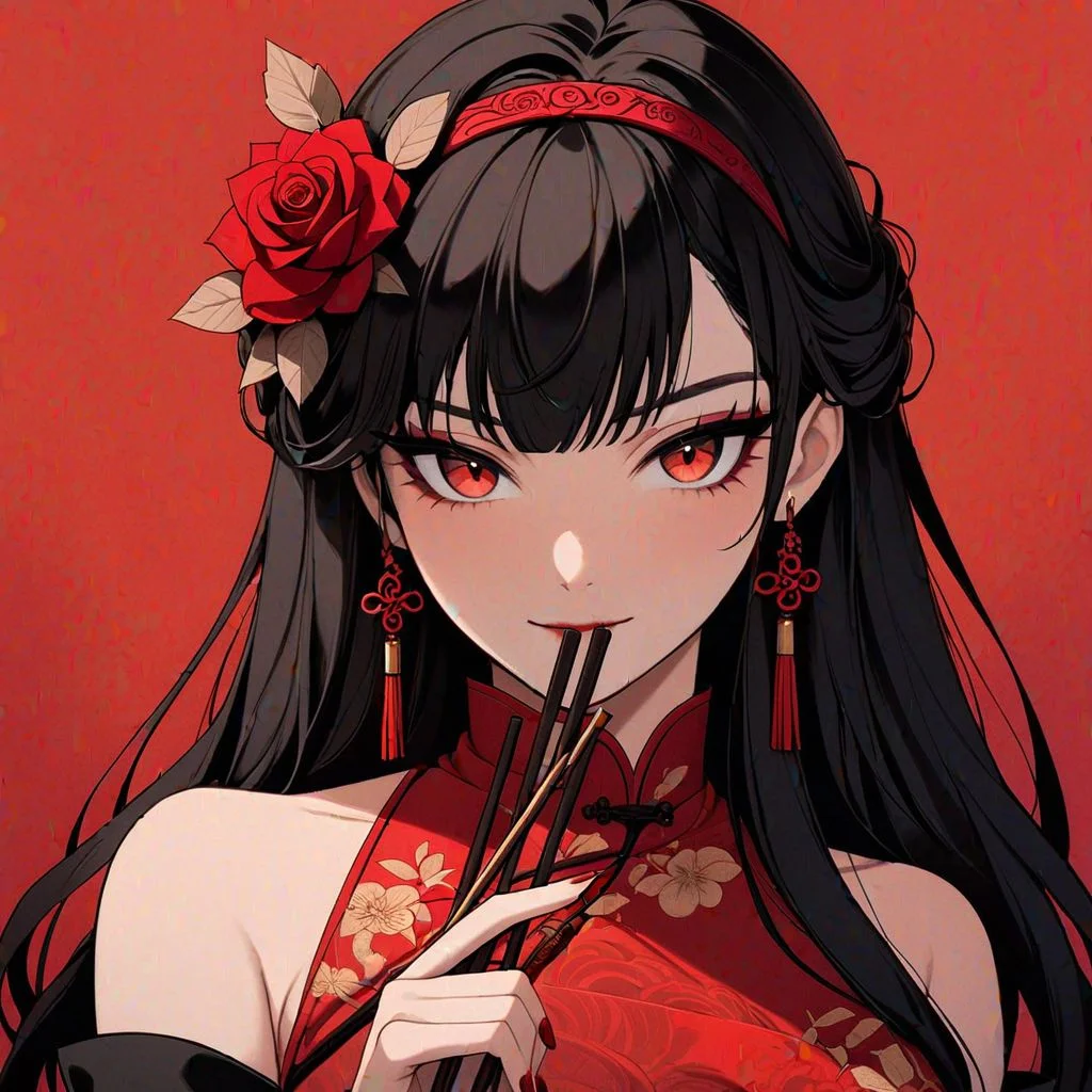 1girl, alternate costume, bangs, bare shoulders, black hair, blurry, blurry background, breasts, chinese clothes, chopsticks, curtains, depth of field, dress, flower, food, gloves, hair flower, hair ornament, hairband, holding, kiseru, long hair, looking at viewer, pipe, pocky, pocky day, red background, red eyes, red flower, rose, solo