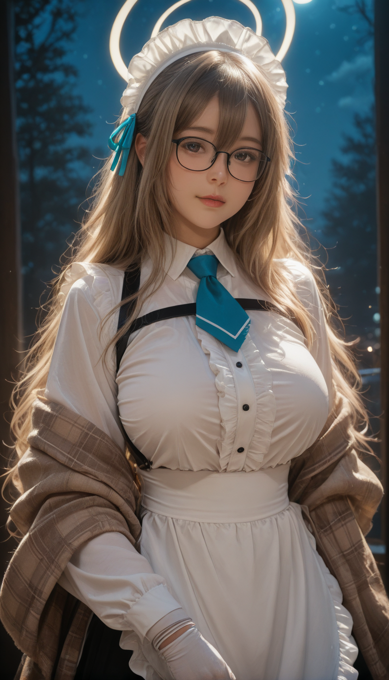 <lora:LCMTurboMix_Euler_A_fix:1> <lora:example_SDXL:0.3>, <lora:Dramatic Lighting Slider:3> <lora:realistic filter [IL]:1>
DSLR,realistic,cosplay photo, (very awa,masterpiece,best quality,year 2024,newest,absurdres,highres:1), realistic,skin texture,facial features, photography shot with Canon EOS 5D Mark IV , realistic, RAW, best quality, masterpiece, amazing quality, skin details,
1girl, highly detailed beautiful face, large natural breasts,
detailed background, shiny skin, dutch angle, night, moonlight,
beautiful detailed eyes, intricate details, absurdres, anime screencap,
<lora:Murokasa_Akane_ILXL_kill0825:1>
MuroAkane, large breasts, hair between eyes, very long hair, brown eyes, glasses, halo, light brown hair, black-framed eyewear,
shirt, skirt, long sleeves, gloves, dress, ribbon, white shirt, hair ribbon, pleated skirt, frills, necktie, collared shirt, puffy sleeves, white gloves, black skirt, scarf, apron, maid, plaid, maid headdress, white headwear, blue ribbon, white apron, waist apron, maid apron, blue necktie, frilled apron, shawl, center frills, harness, aqua necktie, chest harness, short necktie, brown scarf,