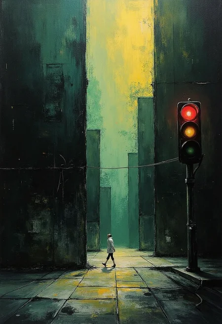 yfg-waavy, Abstract expressionist scene, a small figure in a white coat at a desolate intersection, surrounded by tall, grimy walls with dark splatters, under a flickering traffic signal, intense shadows, and eerie glowing ground tiles, with the background merging chaotic brushstrokes of green, yellow, and black, creating a nightmarish urban setting with heavy textures and unsettling colors.