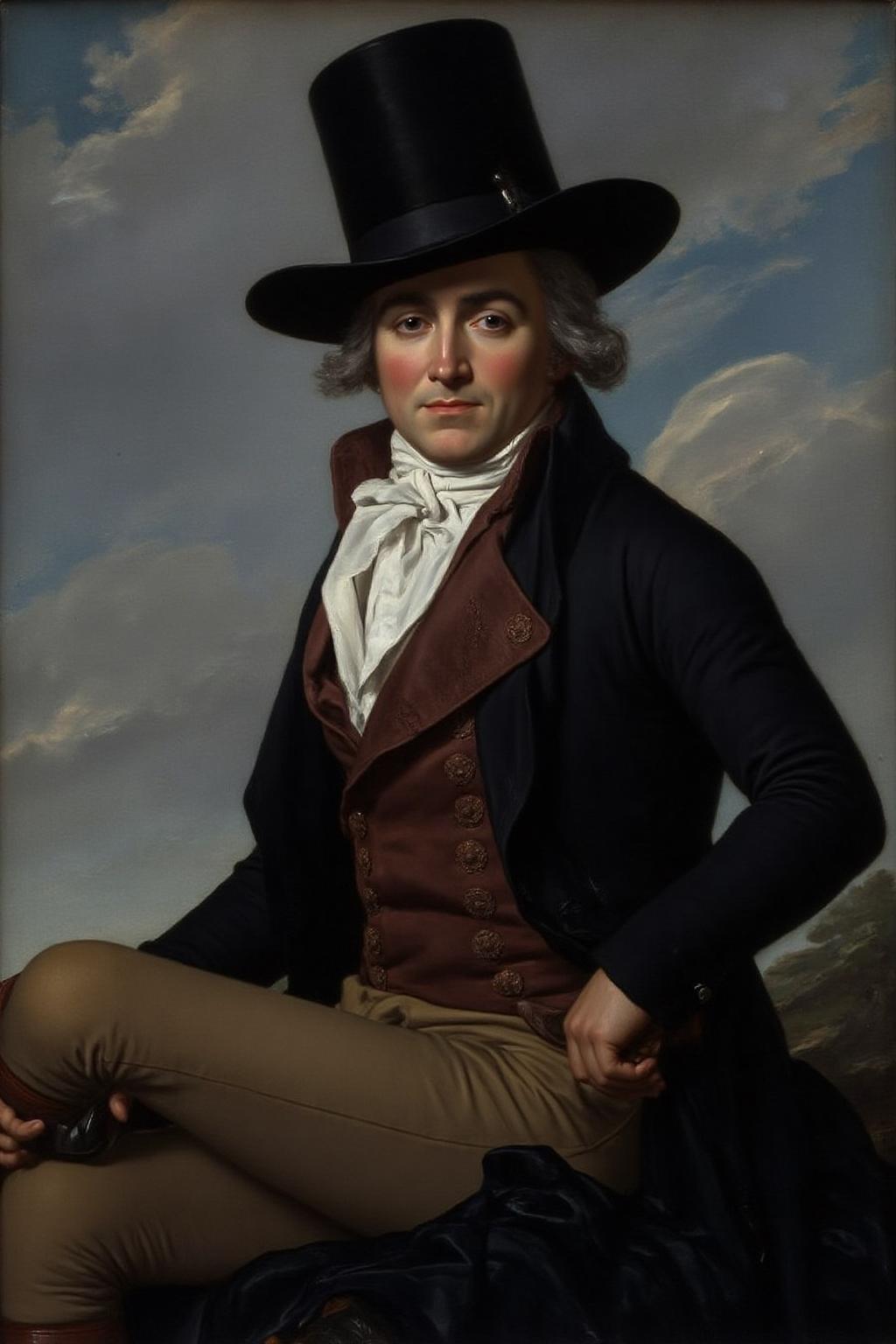 jldavid1 painting.
A man is seated outdoors, against a backdrop of a clear sky with a few wispy clouds. The man wears a tall, black top hat. His hair is styled in a powdered wig, characteristic of the late 18th century. He is dressed in a white cravat, a long, high-collared white shirt, and a dark, fitted tailcoat with intricate buttons down the front. <lora:jldavid1_cap_d6a3:1.0><lora:815785993996099080:0>