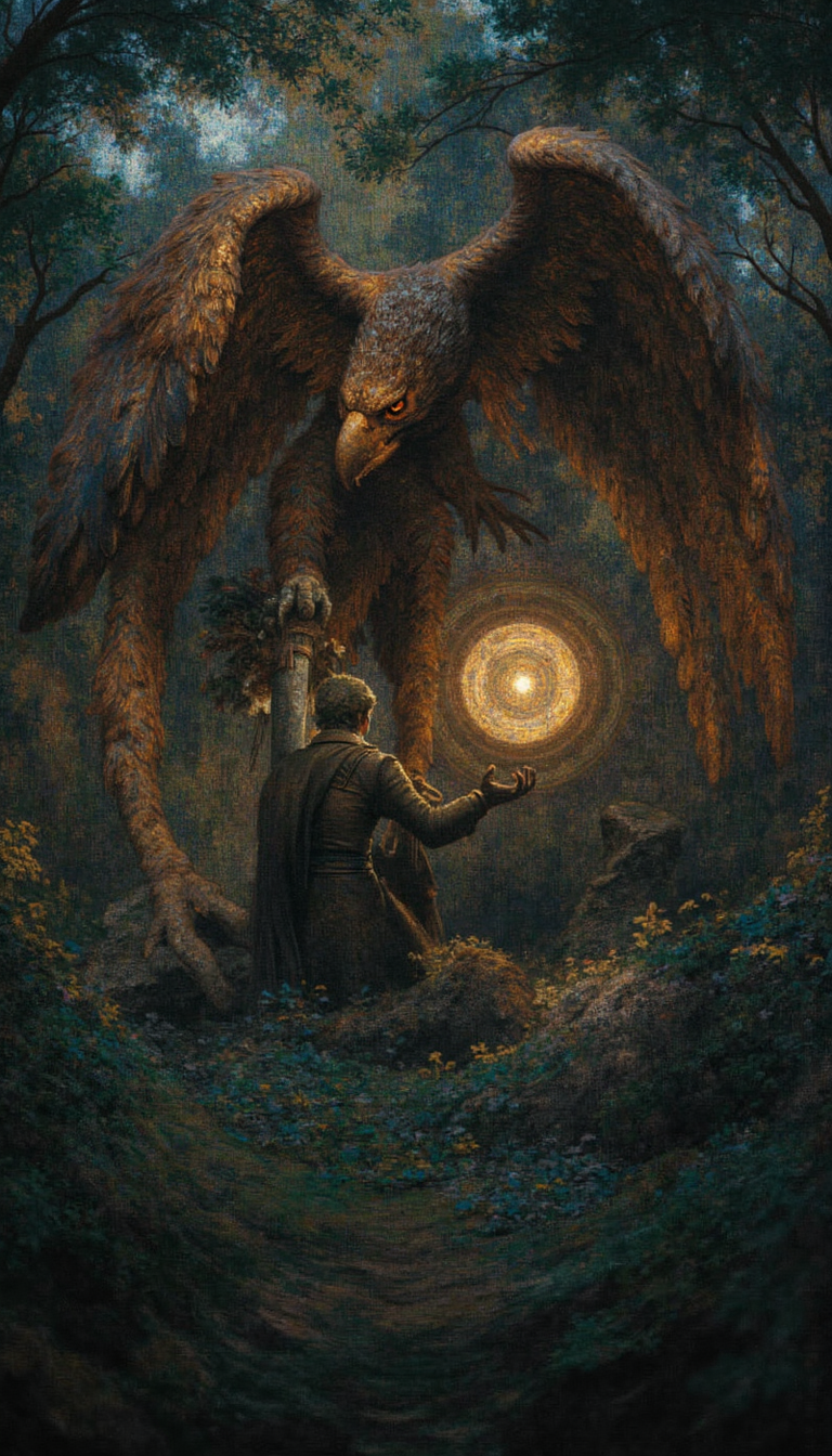 GLOW,intricate tetradic colors in every details,FLUORESCENT,asian woman, A colossal eagle, resplendent in its plumage of umber and sepia, stands as a testament to nature's grandeur beside a solitary figure cloaked in the attire of a wayfarer. Bathed in the cerulean and ochre hues of crepuscular light, the scene evokes a sense of ethereal tranquility. Capture the interplay of light and shadow, meticulously rendering each feather and the dew-kissed foliage underfoot. Focus on the palpable bond between the stoic raptor and the enigmatic traveler, their connection transcending the mundane. The background should dissolve into a soft-focused tapestry of ancient woodland, imbued with the mystique of twilight.