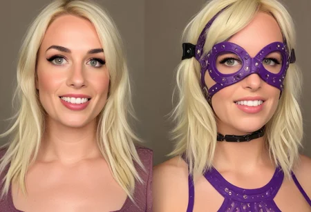 Split image, streetsVsSheets, 1girl, blonde hair, smiling
BREAK
Left side, innocent, wearing purple dress
BREAK
Right side, breasts out, body harness, mask