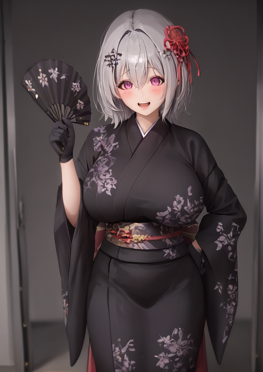 1girl, kanzaki rio, huge breast, 3d, black bow, black gloves, black kimono, blush, bow, breasts, cowboy shot, dot nose, floral print, flower, gloves, gold trim, grey hair, hair between eyes, hair bow, hair flower, hair ornament, hand fan, holding, holding fan, japanese clothes, kimono, long sleeves, looking at viewer, medium hair, obi, open mouth, print kimono, purple eyes, raised eyebrows, red flower, sash, solo, teeth, two-tone kimono, white kimono, wide sleeves, <lora:prab:1>