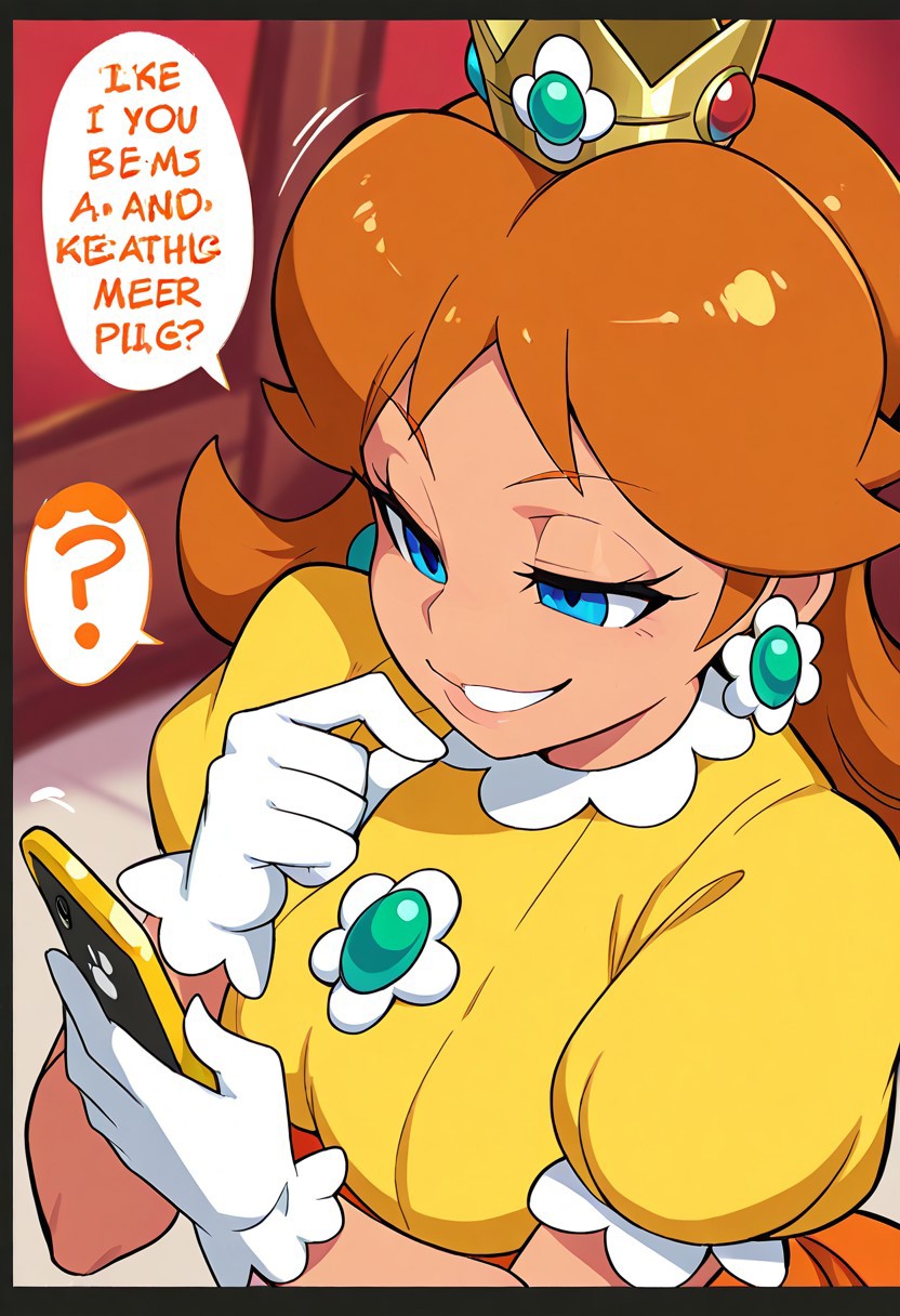 Schpicy Style, 1girl, princess daisy, blue eyes, long hair, orange hair, tan, tanned, tanned skin, dress, crown, gloves, serious, eyelids down, eyes half open, half opened eyes, perked lips, finger near lips, hand near lips, small grin, close up on face, upright, naughty, devious smile, cute pose, on phone, holding phone, Dutch angle, unique angles, looking elsewhere, indoors, medium breasts, purring, rim light, luigi, Luigi on phone call, comic, masterpiece, best quality, ray light, smooth skin, close up, red background, black hearts in background, Luigi text, Japanese Luigi dialogue, blurred, motion lines, dynamic background, Schp1cy