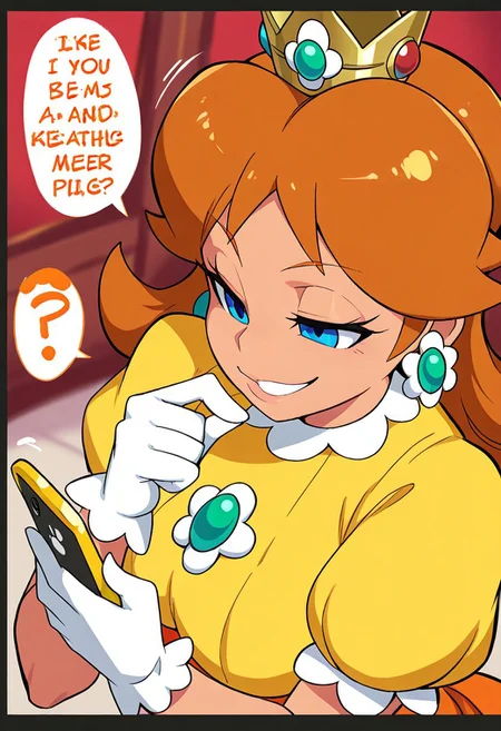 Schpicy Style, 1girl, princess daisy, blue eyes, long hair, orange hair, tan, tanned, tanned skin, dress, crown, gloves, serious, eyelids down, eyes half open, half opened eyes, perked lips, finger near lips, hand near lips, small grin, close up on face, upright, naughty, devious smile, cute pose, on phone, holding phone, Dutch angle, unique angles, looking elsewhere, indoors, medium breasts, purring, rim light, luigi, Luigi on phone call, comic, masterpiece, best quality, ray light, smooth skin, close up, red background, black hearts in background, Luigi text, Japanese Luigi dialogue, blurred, motion lines, dynamic background, Schp1cy