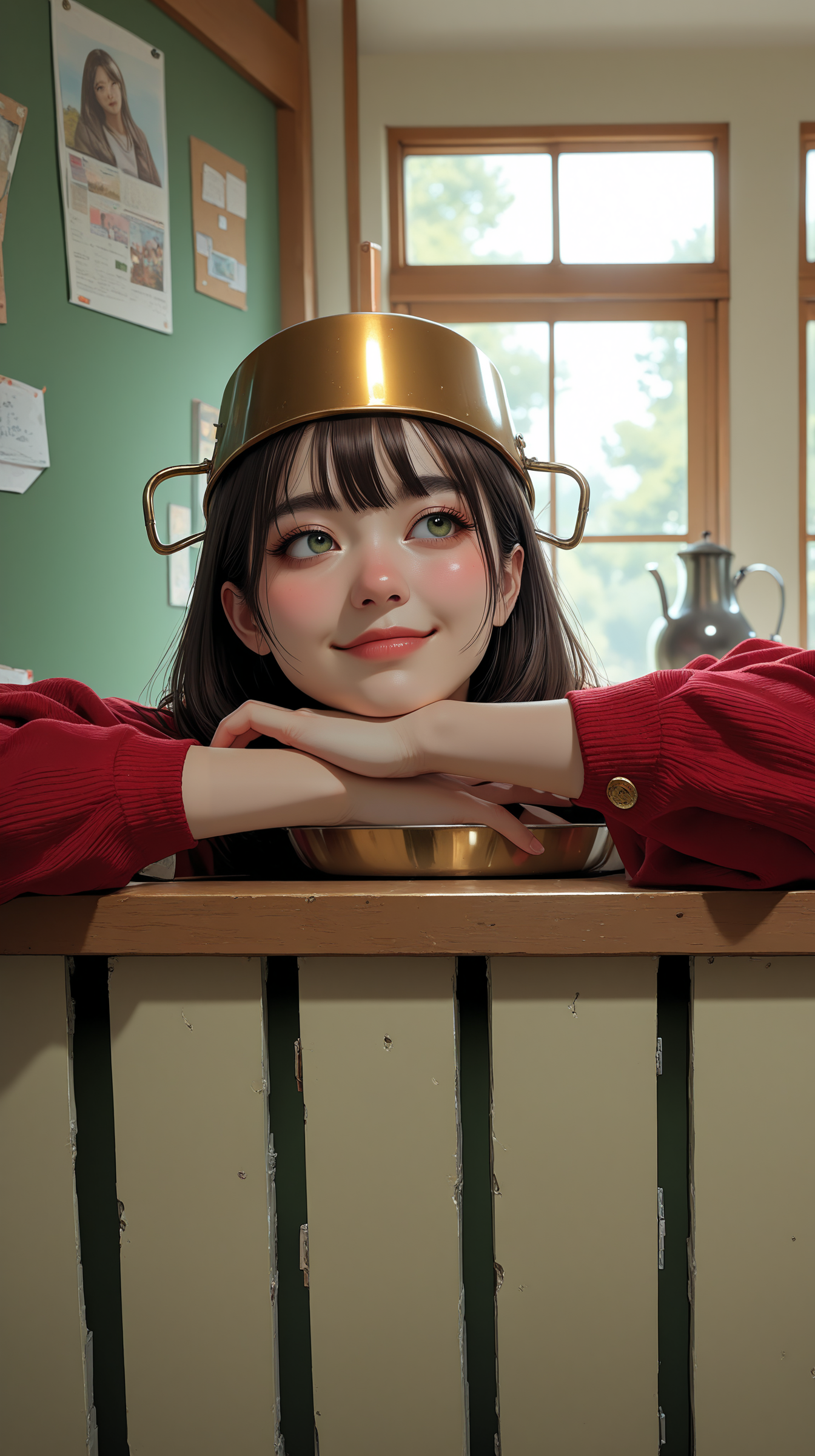 masterpiece, best quality, amazing quality, very aesthetic, absurdres, newest, scenery, anime coloring, flat color,
1girl, solo, asian, brown hair, short hair, thick eyebrows, hair behind ear, detailed eyes, light green eyes, nose blush, looking to the side, looking to the right, 
red sweater, ribbed sweater, gold buttons, pot on head, cooking pot, 
indoors, living room, bulletin board, posters, green wall, large window, window sill, window frame, depth of field, blurry background, 
head rest, over the counter, smile, sidelighting, sun rays, realistic shading, realistic lighting, shadow