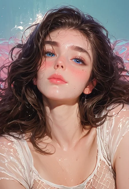 score_9, score_8_up, score_7_up, solo, mature, older, (cute:1.3), (seductive expression:1.3), (fishnet leggings:1.5), white transparent tanktop, (blue eyes), (big eyes:1.1), (Expressiveh, Beuty), (realistic photograph style, realism, realistic illustration:1.5), (simple colorful background), lips parted, freckles, biten lips, beautiful skin, (breasts exposed), breasts apart, side boob, sitting on bed, leaning back, (long hair), wavy curly messy hair, pubic hair, (brunette), dark eye shadow, sweat, heat, heat going out of mouth
