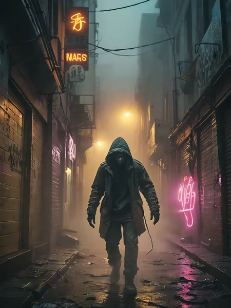 award winning photo, highly detailed,
Against a swirling mist a silent thief emerges from a dank and murky fog between buildings that lean closely over him. Closeup, graffiti, neon lights, caustic colors,
