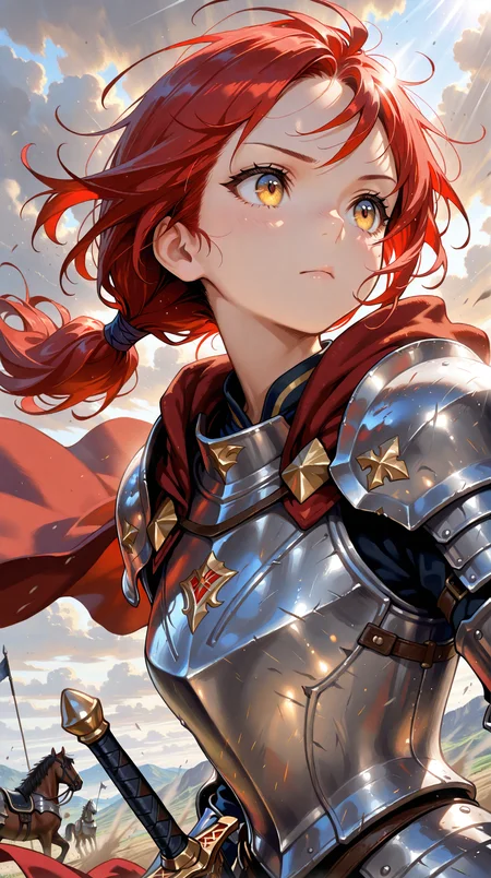 masterpiece,best quality,amazing quality,
1girl, solo, ((hazel eyes)), sharp and focused expression, (battle-ready demeanor), 
((long red hair tied back, strands whipping in wind)), 
(upper body), (close-up portrait), (slightly low angle), (sunlight catching edges of armor), 
(left hand gripping the reins of the horse firmly), (right hand hovering just above the hilt of her sheathed sword at her hip), 
(knight armor:1.2), (detailed and practical design, worn from battle), (shoulder cape fluttering), 
(mounted on armored horse), (dynamic wind-blown pose), 
(background: open battlefield or grassy hilltop, cloudy sky), (dust and motion blur), (intense atmosphere), solo
<lora:DetailedEyes_V3:1>  <lora:ponyv6_noobV1_2_adamW:0.9>  <lora:GENESIS_MK0.2:0.45> <lora:USNR_STYLE_ILL_V1_lokr3:0.5> usnr   <lora:PowerPuffMixLora:0.35>