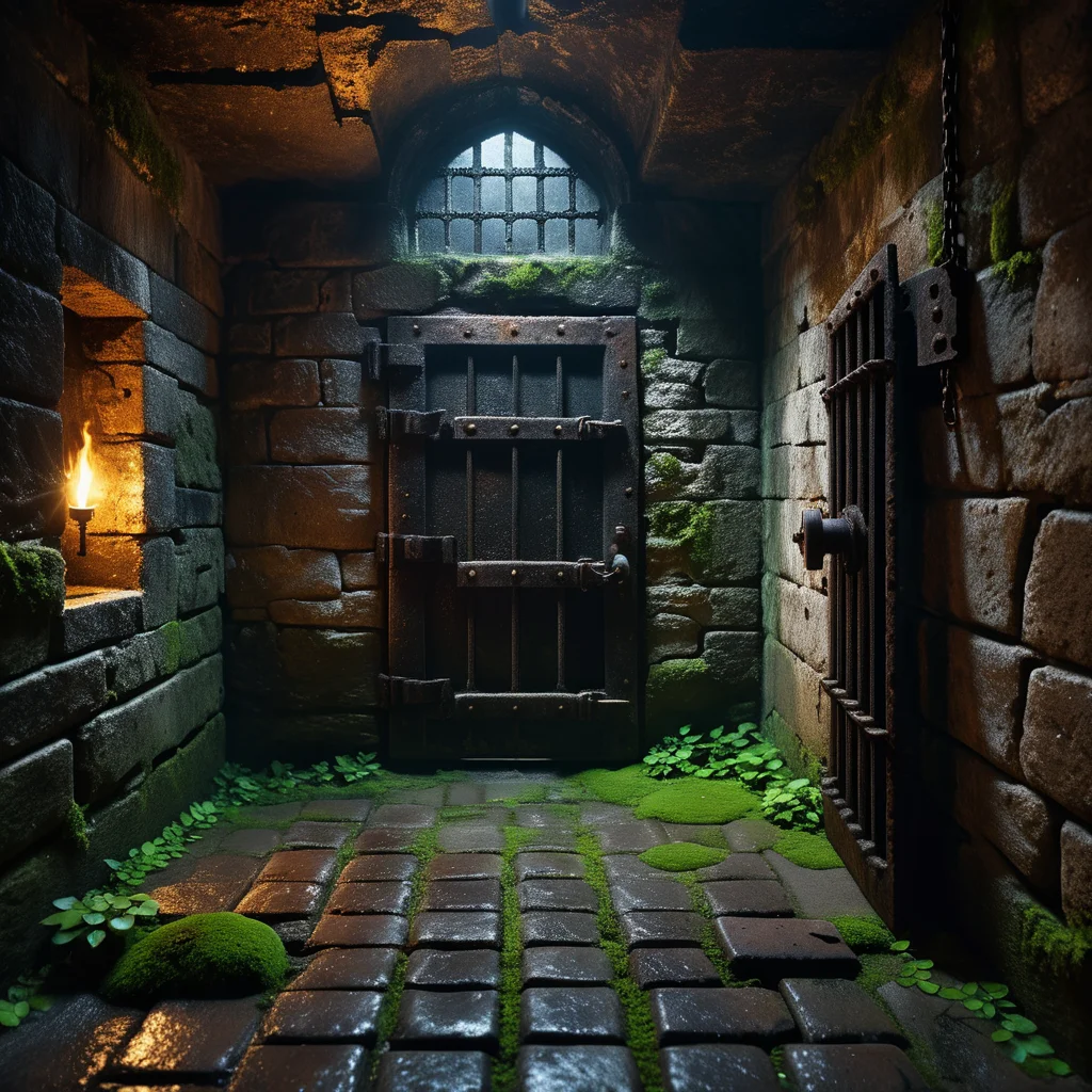A dark and grim medieval castle dungeon, designed for imprisoning captives. The walls are made of aged, damp stone bricks, cracked and worn with time, with patches of moss and moisture seeping through. The small, claustrophobic space is lit by a single flickering torch mounted on the wall, casting long, eerie shadows across the room. Rusted iron bars form a heavy prison door with a corroded lock and hinges, partially ajar or firmly shut. The floor is rough, uneven stone, covered in dirt and faint stains, hinting at years of suffering. Chains hang loosely from rusted hooks embedded in the walls, their metal corroded and worn. In one corner, a small, grated window lets in a thin sliver of cold, pale light, emphasizing the dungeon's oppressive and hopeless atmosphere. The air feels damp, stale, and heavy with silence, evoking a chilling sense of isolation and despair.
<lora:SDXLFaeTastic2400:0.4> <lora:extremely_detailed:0.4> extremely detailed, Masterpiece,best quality,hi res,8k,hi res,8k,award winning,(sharp focus, intricate, highly detailed),