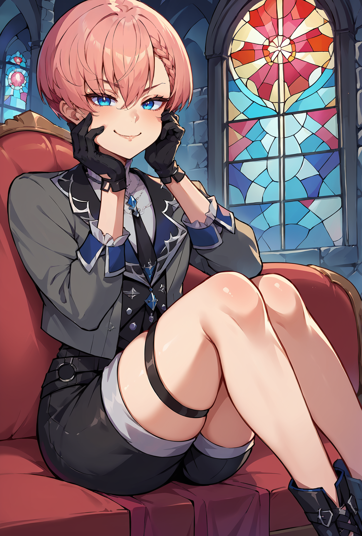 score_9, score_8_up, score_7_up, source_anime BREAK
1girl, sitting, couch, cowboy shot, looking at viewer, arm support, hand on own face, smug
indoors, stained glass window, gothic architecture, dark, night, stone wall, arm support, hand on own face, smug, knees up
<lora:TakaneLuiXL-3:1> lui-4th, half gloves
black jacket, grey jacket, short hair, |