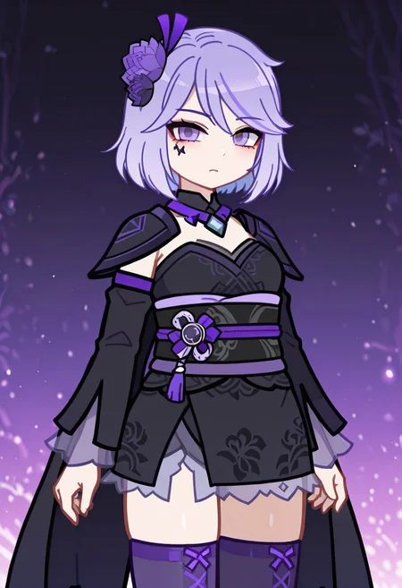 masterpiece,best quality,amazing quality, Wend4inella67, Wend4inella67Gacha, 1girl, gacha, purple eyes, purple hair, short hair,bob haircut, facial tattoo, hair flower, floral hair ornament, black and purple japanese clothes, necklace, purple stockings, black and purple cape