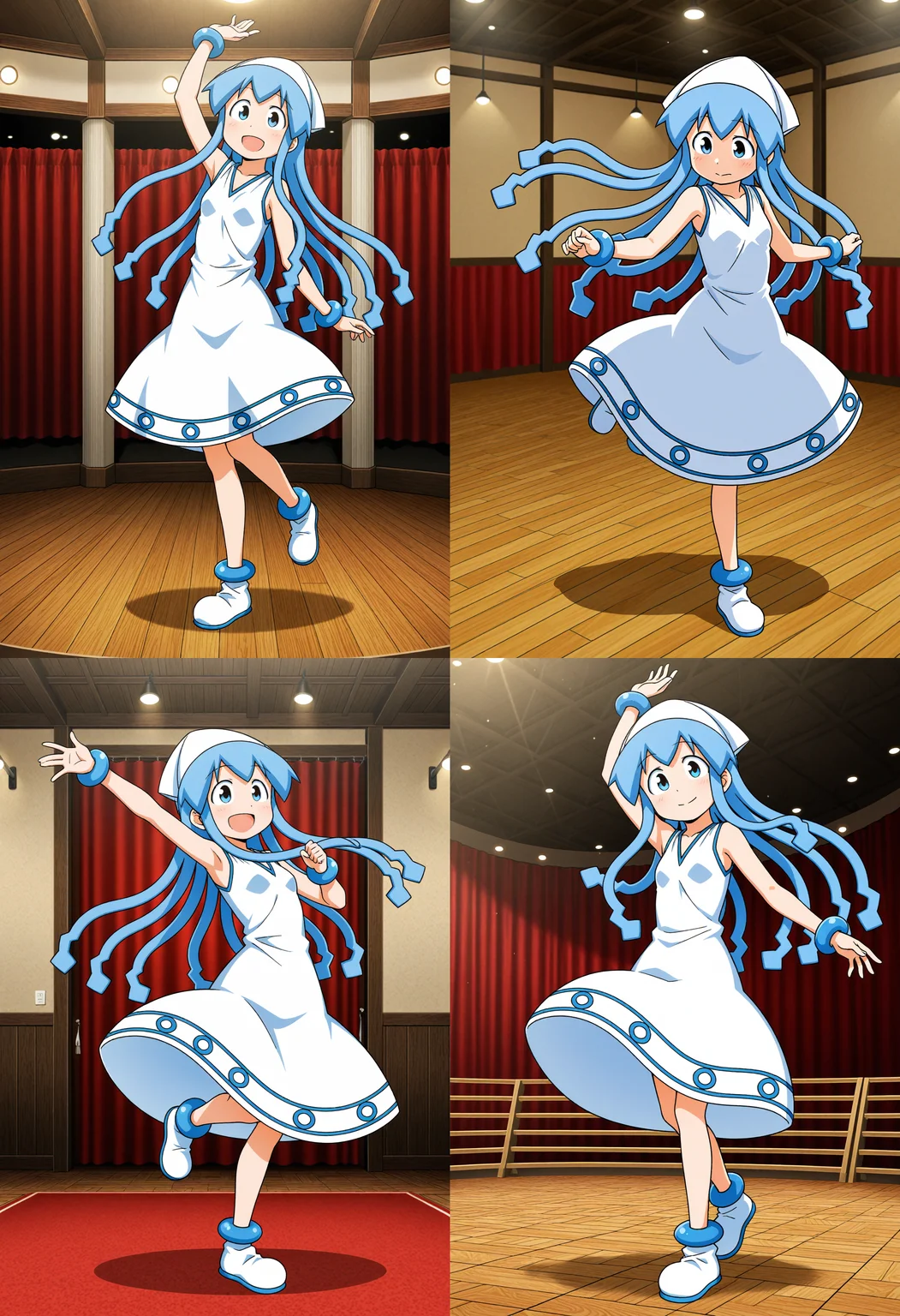 <lora:dmd2_sdxl_4step:1>, 1girl, solo, <lora:ikmsm_illustrious_v7:1> ikmsm, ikamusume, white headwear, white dress, sleeveless, bracelet, white footwear, 
dancing,
indoors, dance hall, spotlight,
general, masterpiece, best quality, very aesthetic, absurdres, anime coloring,
