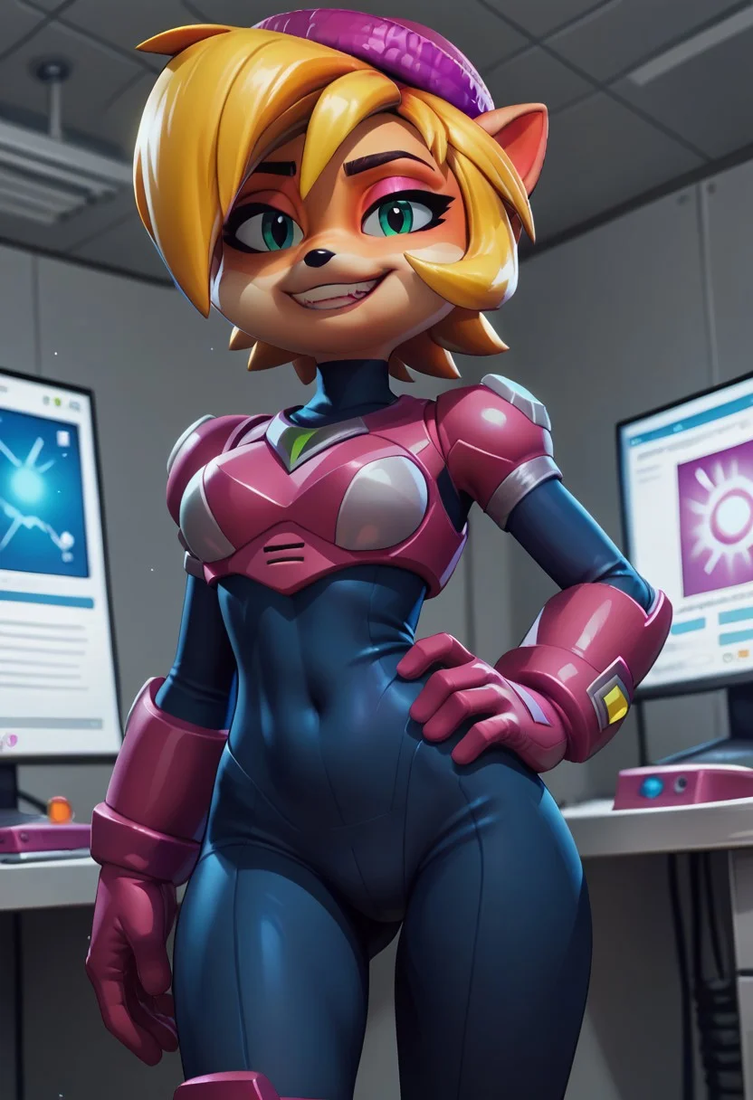 score_9, score_8_up, score_7_up, source_anime, <lora:coco-bandicoot-totally-tubular-ingame4-ponyxl-lora-nochekaiser:1>, coco bandicoot, short hair, blonde hair, green eyes, pointy ears, furry,, alia dark blue bodysuit, white and pink armor, pinkgloves, , laboratory, computer screen, warm lighting, smile, looking at viewer, smug, hand on hips,, solo,, cowboy shot, dutch angle,