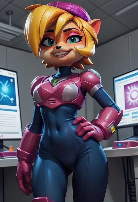 score_9, score_8_up, score_7_up, source_anime, <lora:coco-bandicoot-totally-tubular-ingame4-ponyxl-lora-nochekaiser:1>, coco bandicoot, short hair, blonde hair, green eyes, pointy ears, furry,, alia dark blue bodysuit, white and pink armor, pinkgloves, , laboratory, computer screen, warm lighting, smile, looking at viewer, smug, hand on hips,, solo,, cowboy shot, dutch angle,