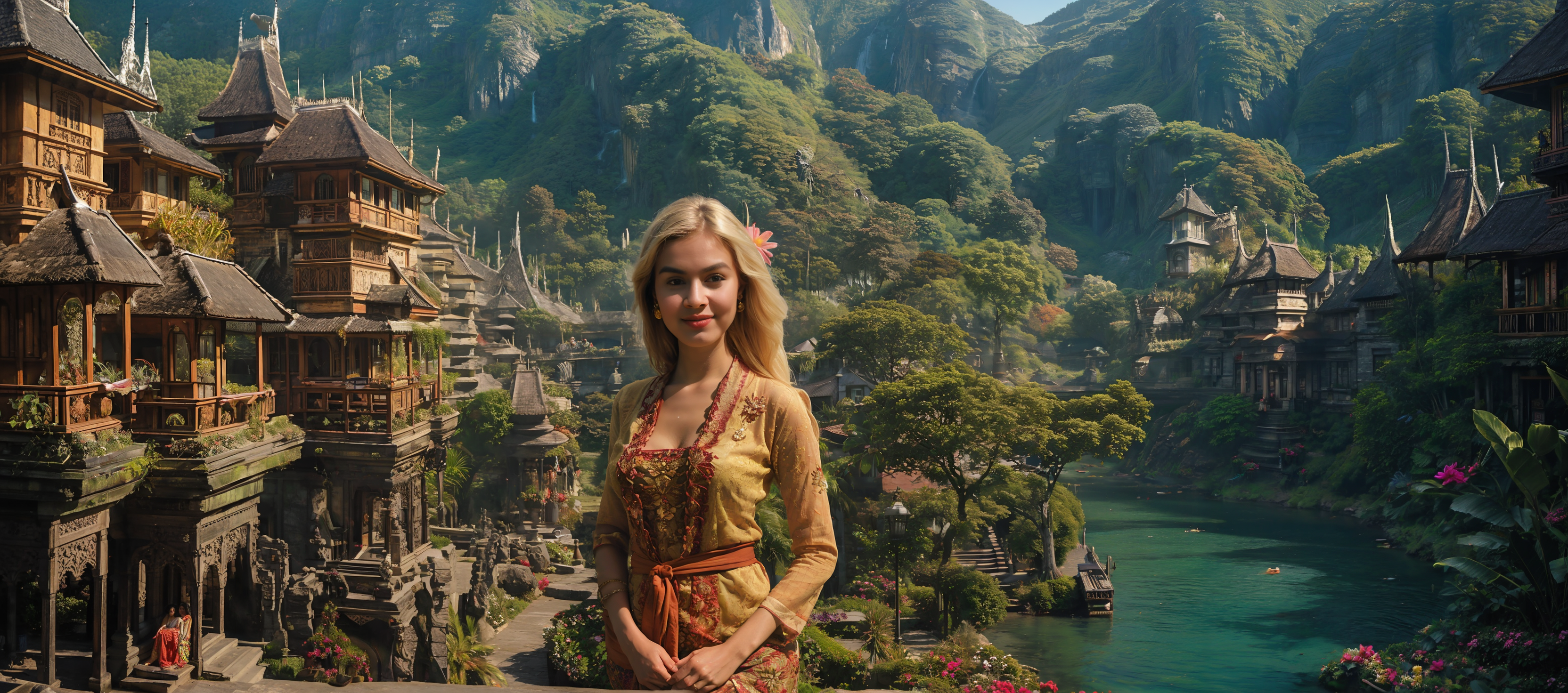 ((a closeup photo of beautiful barbie wearing kebaya2 batik)),blissful scenery in futuristic balinese village,beautiful,eyecatch,mythical flower landscape,riverside,mountain,street,<lora:cyber:0.3>,castle,<lora:FantasySettlement:0.3>,FanSe,<lora:howllatentDADAP4:0.3>,howlbgs,<lora:SyFyEye1_v2.0:0.3>,SyFyEye1,<lora:FantasyLandscape:0.3>,FanLan,<lora:flowers_landscape:0.3>,<lora:kebaya2:0.5>,cinematic photograph,bokeh,