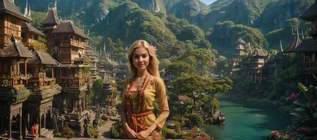 ((a closeup photo of beautiful barbie wearing kebaya2 batik)),blissful scenery in futuristic balinese village,beautiful,eyecatch,mythical flower landscape,riverside,mountain,street,<lora:cyber:0.3>,castle,<lora:FantasySettlement:0.3>,FanSe,<lora:howllatentDADAP4:0.3>,howlbgs,<lora:SyFyEye1_v2.0:0.3>,SyFyEye1,<lora:FantasyLandscape:0.3>,FanLan,<lora:flowers_landscape:0.3>,<lora:kebaya2:0.5>,cinematic photograph,bokeh,