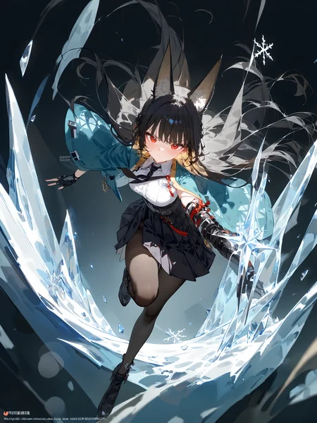 illustration, incredibly absurdres, ultra detailed, masterpiece, best quality, perfect features, intricate details, ray tracing, very aesthetic, shuri \(84k\), ATDAN, artist:chen bin, (ningen mame:0.95), (wlop:0.91), (sarcophage:1.05), (tsubasa tsubasa:1.05), modare, hiten \(hitenkei\), [<lora:XL-detailed_notrigger:0.95>::0.5], [:<lora:XL-aesthetic_anime:1.2>:0.5], <lora:Char-ZZZ-Hoshimi_Miyabi-V1-SDXL:1>,  1girl, hoshimi miyabi, black pantyhose, aqua jacket, single mechanical arm, arm out of sleeve, fingerless gloves, hakama short skirt, white collared shirt, black necktie, ankle boots, anklet, full body, snowflakes, ice, crystal, looking at viewer, floating hair, glaring, midair, fighting stance