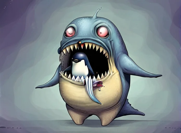a fish monster with a cute penguin in its mouth <lora:rob_sheridan_drawing_style:1>