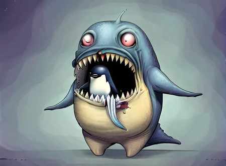a fish monster with a cute penguin in its mouth <lora:rob_sheridan_drawing_style:1>