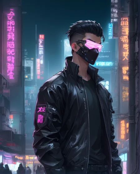 1boy, black hair, black jacket, black shirt, cyberpunk, cyberpunk style, cyborg, depth of field, glowing, hair slicked back, jacket, leather, leather jacket, male focus, mask, night, open clothes, open jacket, outdoors, shirt, short hair, solo, undercut,
<lora:sdxl_cyberpunk:0.65>