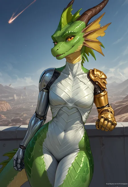 score_9, score_8_up, score_7_up, source_cartoon, SFW, ((anthropomorphic dragon)), female, source_furry, ((Oneprostethicarmright, prosthetic right forearm)):1.4, (1woman, anthro dragon), (((bright green scales, two toned green body scales, glossy scales))), purple irises, extremely detailed, large nostrils, full seductive lower lip, extremely detailed, ((very large head fins)):1.3, (((one tall blue head spike, yellow back spikes))), detailed body scales, strong athletic body, small athletic breasts, toned arms, toned legs, long tail, feminine body, extreme detailed, thin waist, wide hips, (((silver plugsuit))), sci-fi, Parted lips, seductive expression, outside, resting against railing, sunny day, ((masterpiece)) (dynamic lighting:1.1) ((masterpiece)) godrays , (dynamic battle), (action pose) (explosions in the background), holding a Katana, very heroic, wearing purple cape on her back, space station, battlefield, white and silver plugsuit, detailed sci-fi background, extreme detailed, ( (dynamic lighting:1.1) ((masterpiece)) (dynamic lighting:1.1) ((masterpiece)) godrays, (highly detailed:1.2), (intricate:1.2), (best quality:1.2),(8k:1.2), (sharp:1.2), (majestic:1.2), natural lighting, detail++,