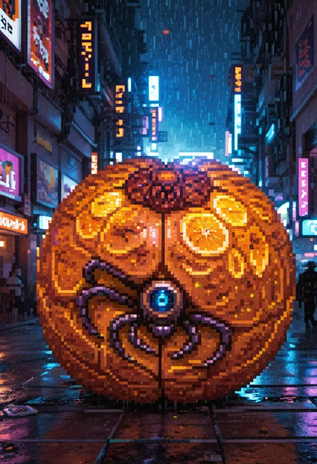 pixel art, digital art, Cyberpunk cityscape constructed entirely from intricately carved blood orange peels, neon-lit from within, with holographic advertisements projected onto the citrus surfaces, populated by tiny robotic insects made of orange seeds, hyper-detailed macro photography, inspired by Blade Runner and Ghost in the Shell, glowing bioluminescent accents, rain-slicked textures, depth of field blur, rule of thirds composition, conveying a sense of dystopian unease and environmental commentary.