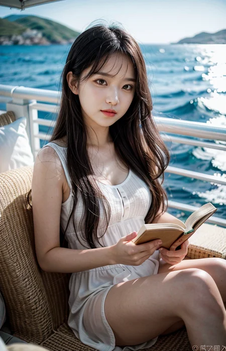 cinematic photo break. white wavy long hair,
A wonderful life, a relaxed atmosphere,Aegean Sea,sunny,a girl in love,reading books,pajama,smile,
<lora:Better_Pose:1> <lora:fluxenhancer:1> <lora:sparklycism:1>, <lora:Tangbohu_real_style_FLUX_type_A:1>, 35mm photograph, film, (bokeh:1.3), professional, 4k, highly detailed