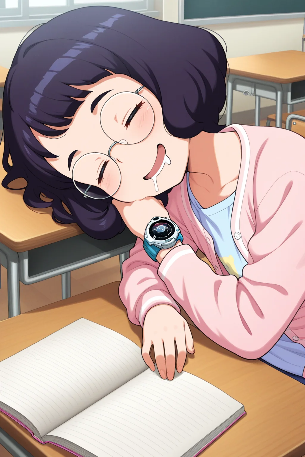 masterpiece, best quality, amazing quality, absurdres, misorainaho, short hair, glasses, round eyewear, solo, smile, upper body, sleeping, drooling, sitting, light blue shirt, pink cardigan, wristwatch, indoors, classroom, school, desk, open notebook