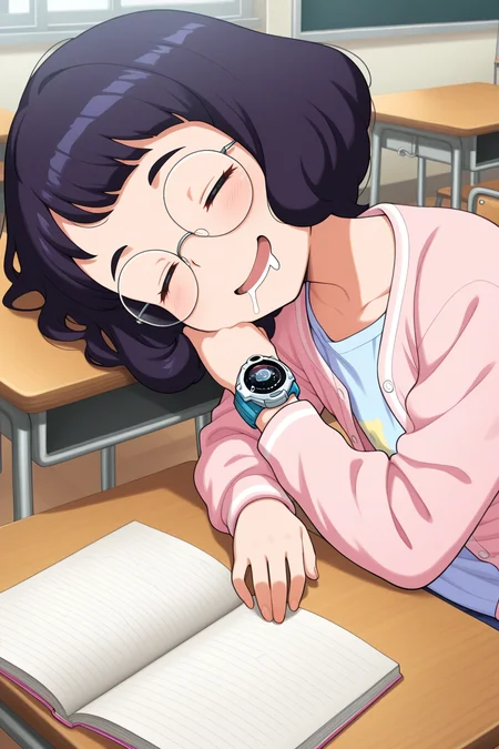 masterpiece, best quality, amazing quality, absurdres, misorainaho, short hair, glasses, round eyewear, solo, smile, upper body, sleeping, drooling, sitting, light blue shirt, pink cardigan, wristwatch, indoors, classroom, school, desk, open notebook