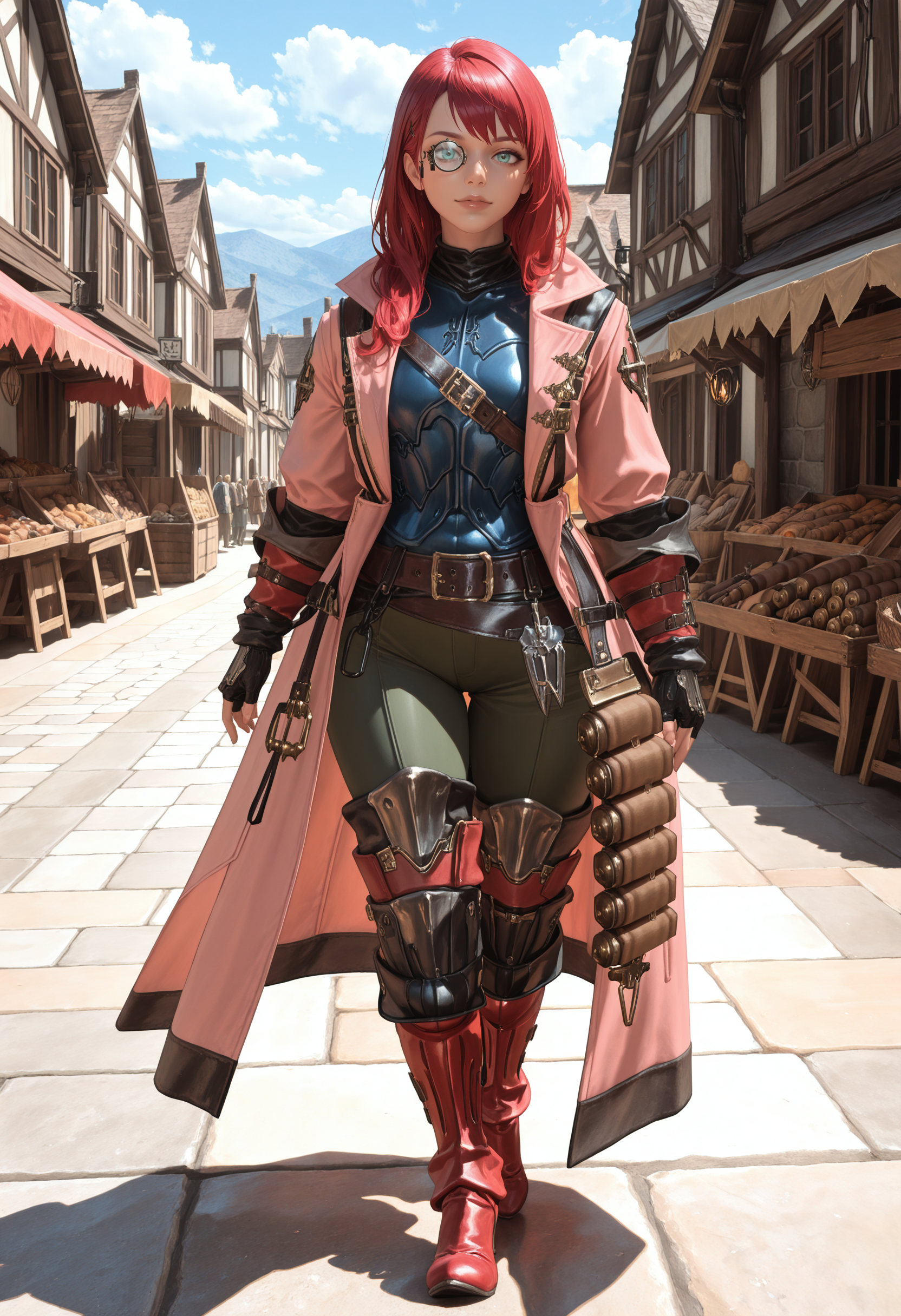 masterpiece, best quality, absurdres, highres, newest, <lora:cfg_scale_boost:.7>, full body, walking, looking at viewer, female focus, 1girl, long hair, 
bodyguardaf, yellow fingerless gloves, pink long coat, red armored boots, blue armor,  monocle, green pants, belt, open coat, thigh boots, bandolier,
looking at viewer,velvet skin,
medieval, fantasy, village, market,
complex composition, detailed eyes, detailed body, ultra detailed, masterpiece, best quality, amazing quality, very aesthetic, realistic, photorealistic, <lora:Bodyguard_IL:1>