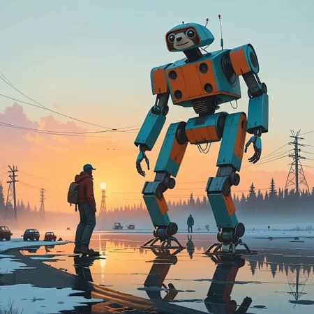 Cinematic, shot.
Dynamic view of an ancient goofy 12m tall disturbing (smiling) Sloth-shaped robot (and a man in front of it) in Simon Stalenhag's style from a futuristic era, at dusk hour with very long and realistic projected shadows, detailed frame, painting looks to be life like, on the ground, magical multicolored ink, high quality, imagination, fantasy art, vivid magical colors.
The shot takes place near an highway.
The robot is trying to cross an iced lake walking on four legs.
Many details everywhere. Ray-Tracing. Anti-Aliasing. Realistic reflections. Realistic soft shadows.
Slightly desaturated colors.
Insane quality. Insane resolution. Insane details. Masterpiece.
16k resolution
By Simon Stalenhag.