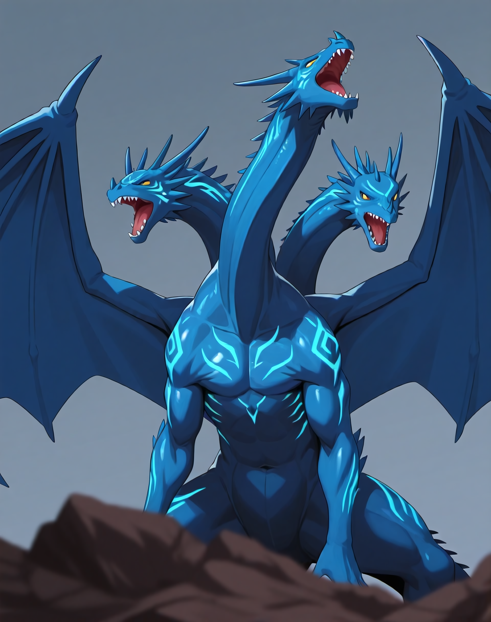<lora:Grandora_(Shinzo)_(Illustrious)_(AD):1> Grandora, dragon, kaiju, Shinzo, 
((
exterior, anime fantasy, anime science fiction, 
dynamic action, villain, monster, dragon wings, no humans, 3heads, 3necks, glossy scaly body, solid yellow eyes, strong dragon, glowing blue body art, 
)),
BREAK: very awe, aesthetically pleasing, masterpiece, best quality, amazing quality, very aesthetic, perfect depth of field shot, gradient coloring, subsurface reflections, 
masterpiece, best quality, amazing quality, very aesthetic, high resolution, ultra-detailed, absurdres, newest, scenery, {Prompt}, BREAK, detailed background, volumetric lighting,
BREAK: lazympos, lazypos (3),