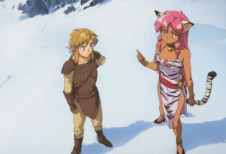 Pink_DragonPink, 1girl, sleeveless dress, white tiger print dress, pelvic curtain, cleavage, cat bell necklace, white tiger tail, red sash, small breasts, leather shoes, masterpiece, very aesthetic, <lora:pink-illustrious:1>, 
Break
1boy,Anime screencap,link (zelda),blonde hair,blue eyes,pointy ears, low ponytail, sidelocks, wearing blue hyilian tunic,
Break
Peak of tall snowy mountain, standing in the snow, during a sunny day, pink and link admiring the view, looking over the peak