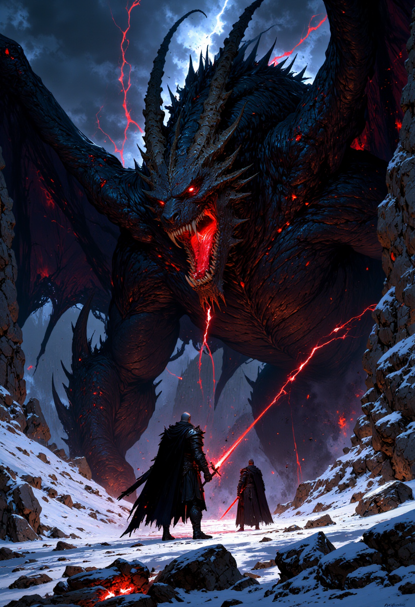 Highly detailed and dramatic digital artwork featuring an epic confrontation between a knight and a dragon. The scene is set in a snowy, barren landscape under a dark, ominous sky. The dragon, towering and menacing, has dark, scaly skin with glowing red eyes and fiery breath, casting an intense red glow that contrasts with the cold blue tones of the environment. The knight, clad in dark armor, stands resolute with a glowing red sword, poised for battle. The composition is dynamic, with the dragon's massive form dominating the background, while the knight is positioned in the foreground, creating a sense of scale and tension. The use of light and shadow enhances the dramatic atmosphere, with red embers floating through the air, adding to the sense of impending conflict. <lora:FluxMythP0rtr4itStyle:0.6> <lora:flux.1_lora_flyway_Epic-Characters_v1:0.6> <lora:Elden_Ring_-_Yoshitaka_Amano:0.33> <lora:FluxEpicDragons:0.6>